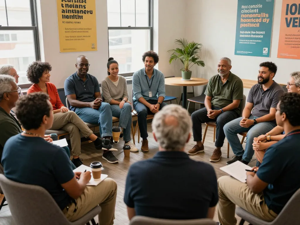 Men engaging in open discussions at a manclub community gathering, fostering support and connection.