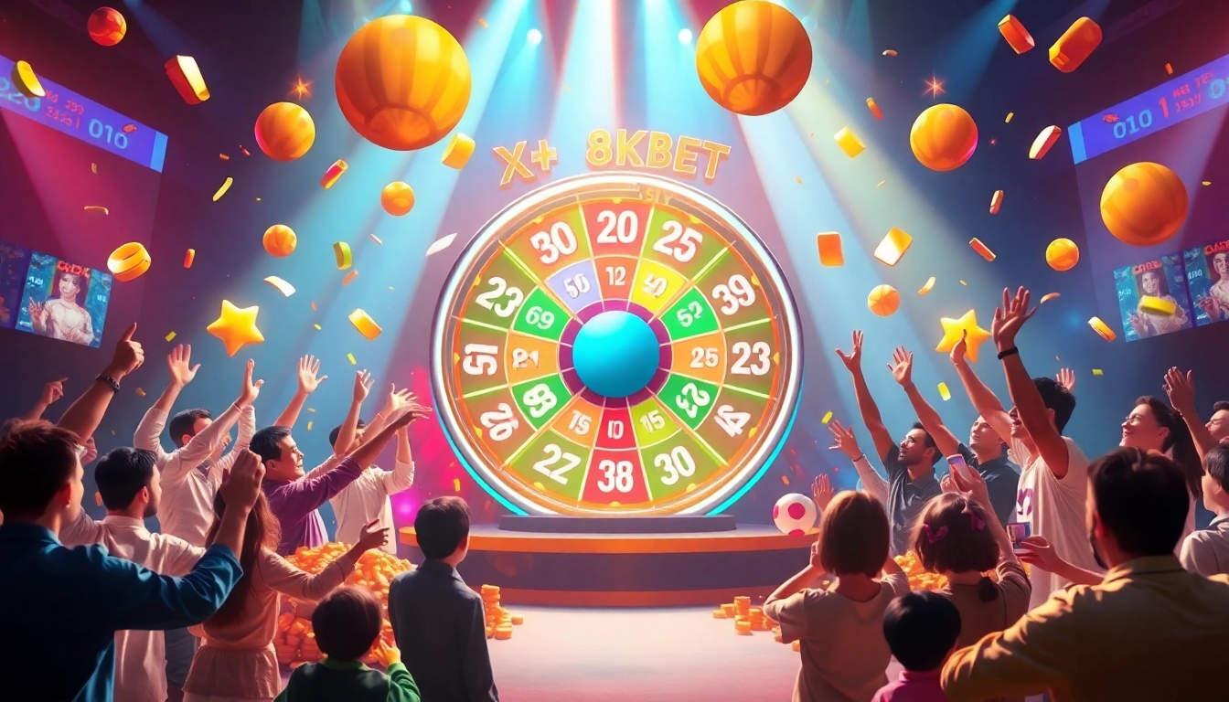 Xổ số 8KBET lottery drawing interface showcasing vibrant numbers and excited players celebrating wins.