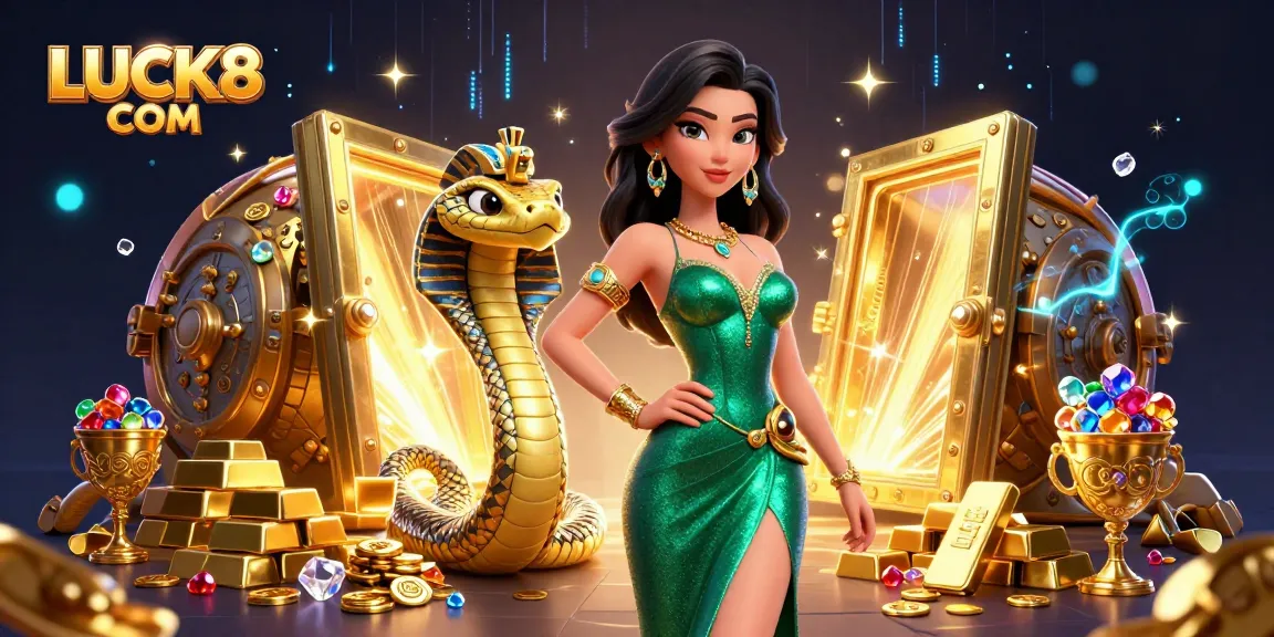 Engage with LUCK8 COM through this captivating 3D casino scene showcasing a glamorous woman and golden elements.