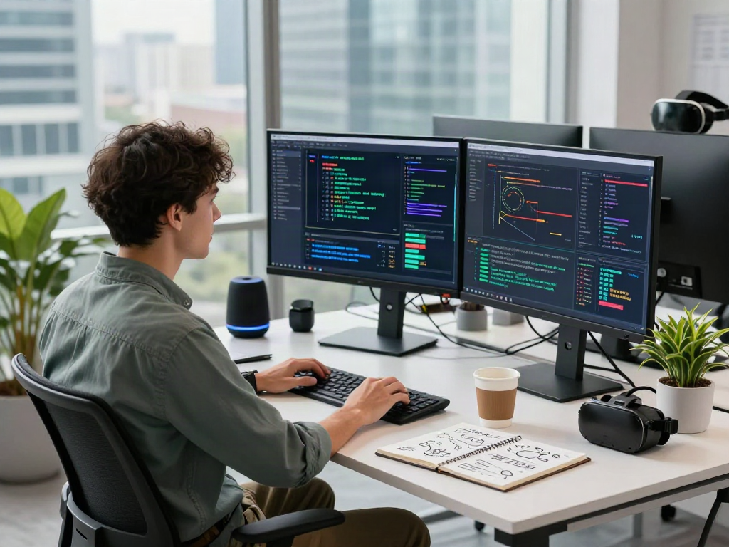 AI +18 developer working on innovative algorithms in a modern workspace.
