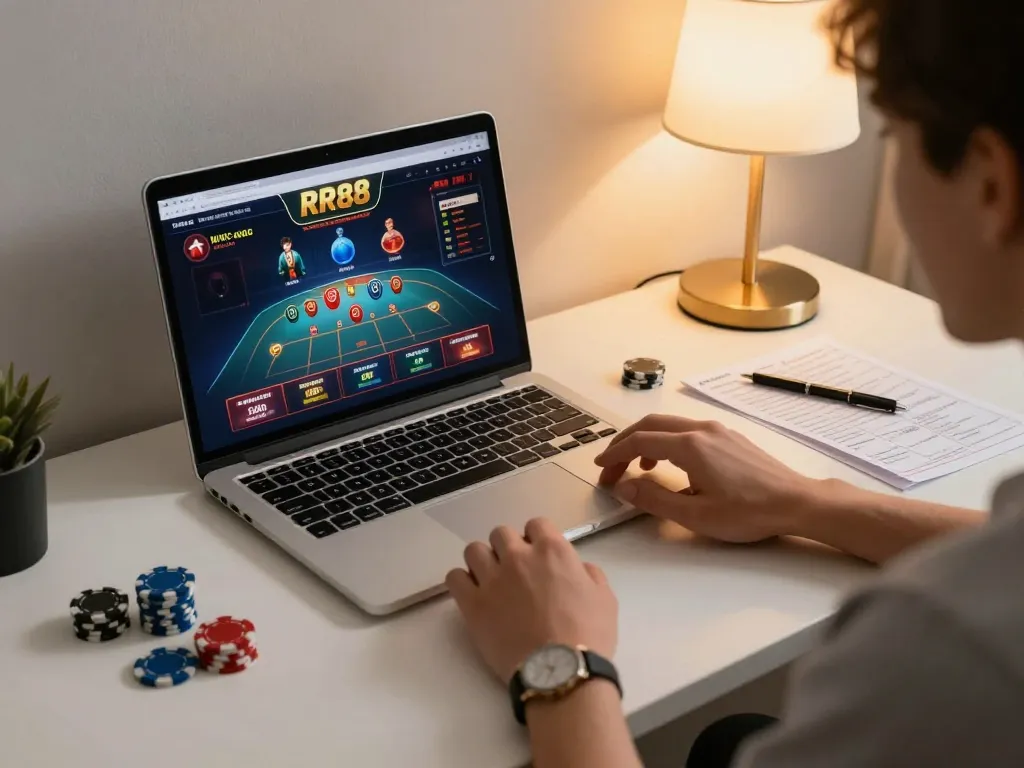Explore RR88 with a user engaged in online betting at a home gaming setup.