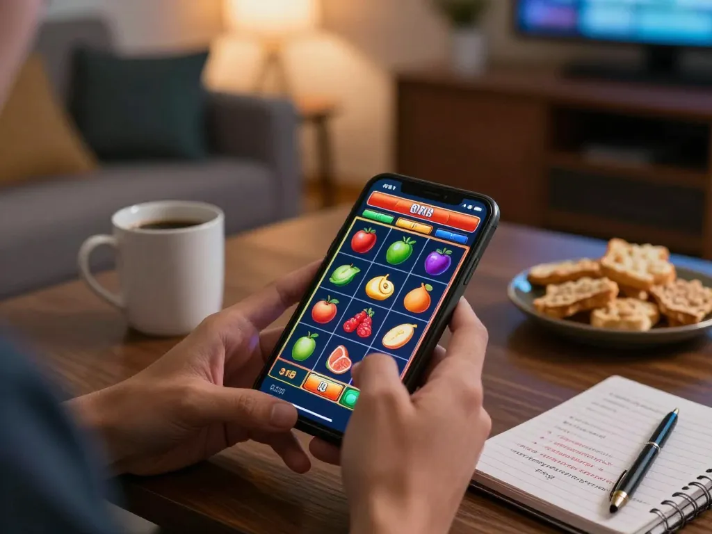 IWINCLUB app user spinning slots on smartphone with fruit symbols, cozy home setting.