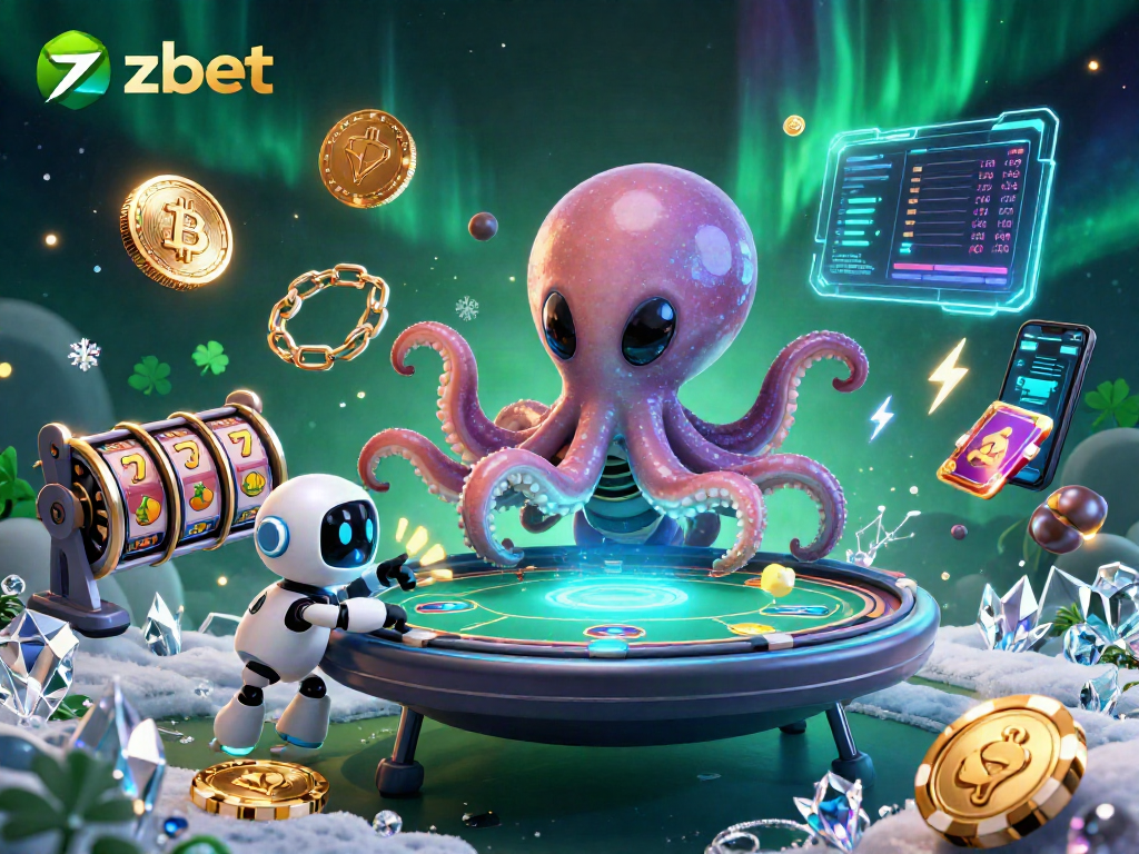 Zbet's vibrant alien-themed gaming scene showcases an octopus playing poker amidst glowing crypto elements.