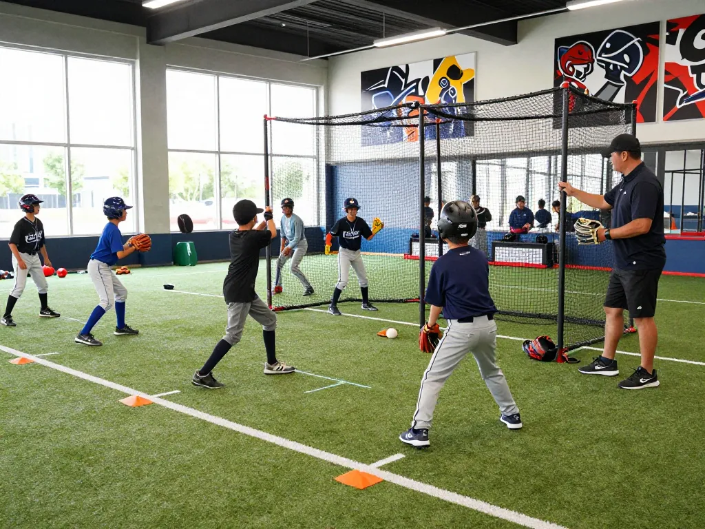 Hitclub training session with young athletes practicing baseball drills in a well-lit facility.