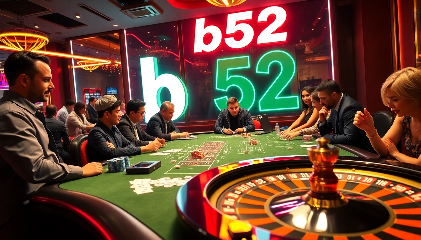 Action-packed gambling scene at b52 casino with players enjoying cards and roulette.