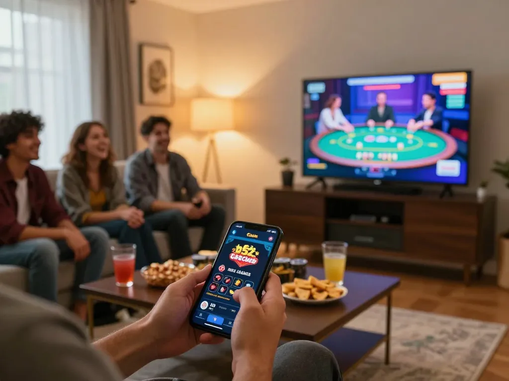 b52club user enjoying online casino games on smartphone in a cozy living room