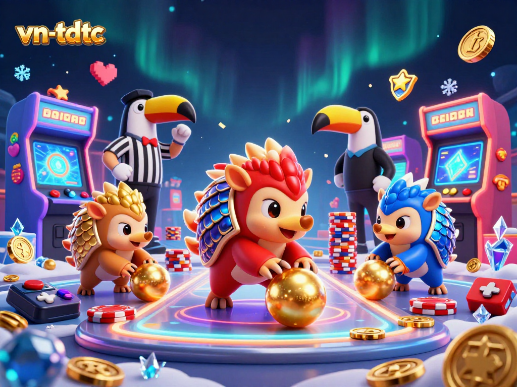 Compete and win with vn-tdtc at a vibrant casino featuring animated pangolins and exciting gaming elements.
