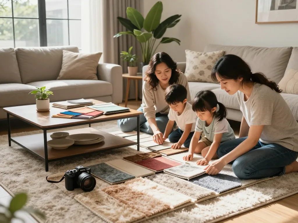 Residential carpet installation options being explored by family in a cozy living room.