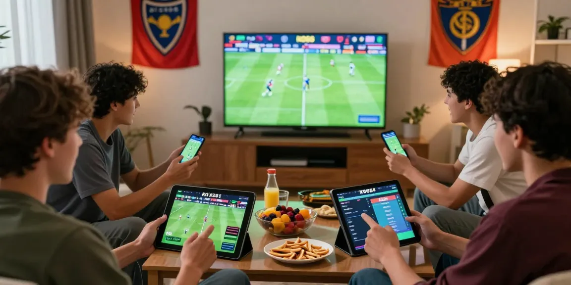 Friends enjoying live sports betting on KO66, showcasing excitement with smartphones and team memorabilia.