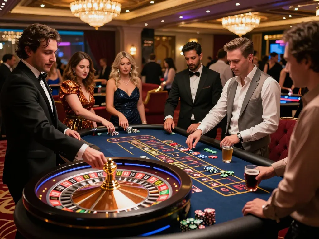 Players engaging at a roulette table in a vibrant casino, showcasing the thrill of 9BET gaming.