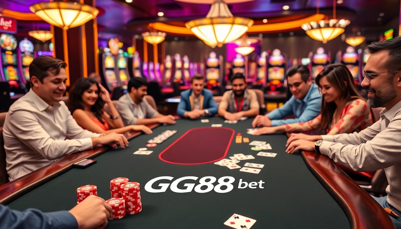 Gamblers thrill at the GG88 bet branded table with vibrant chips and cards in play.