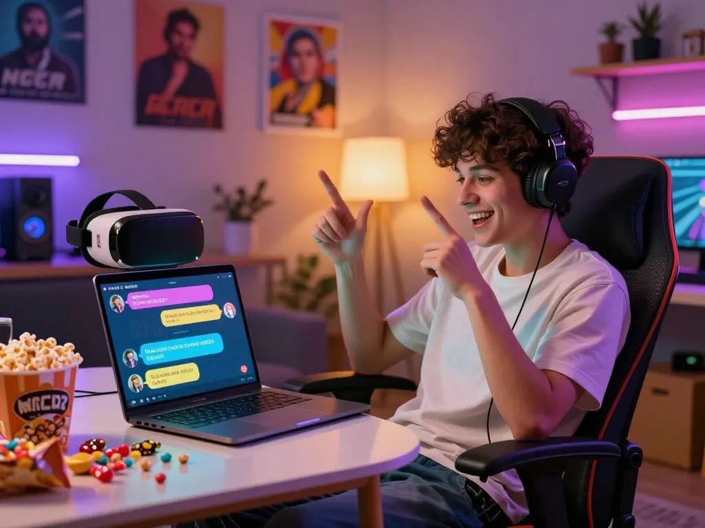 Engaging chat with crushon AI character on a modern laptop, showcasing user experience in a vibrant gaming room.