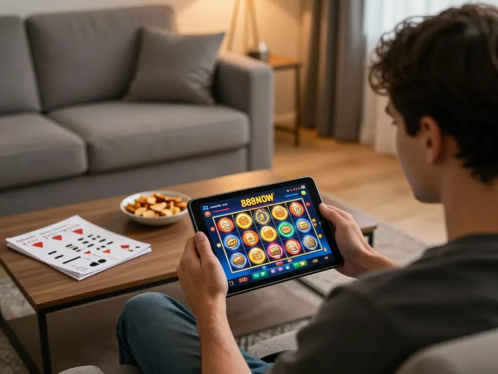 Experience the thrill of online gaming with 888NOW in a cozy home setting utilizing a tablet.