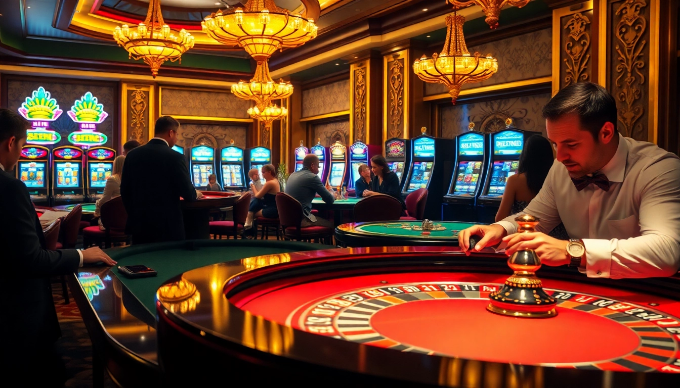 Experience high-stakes gaming excitement at dh88 with players engaged around roulette and poker tables.