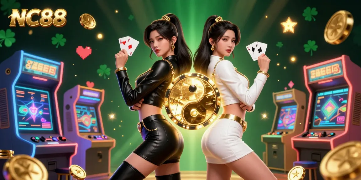 Play cards at NC88 with twin Asian women in casino setting enhanced with golden effects.