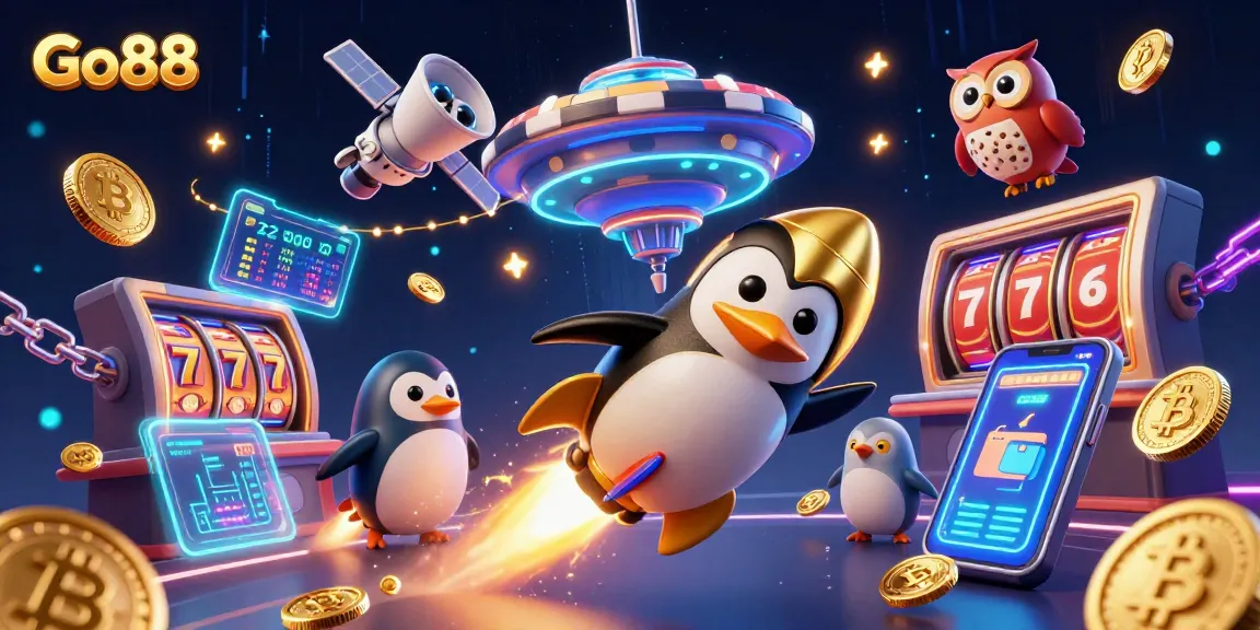 Engage with Go88's dynamic gaming universe featuring exciting slot reels, vibrant coins, and crypto elements.