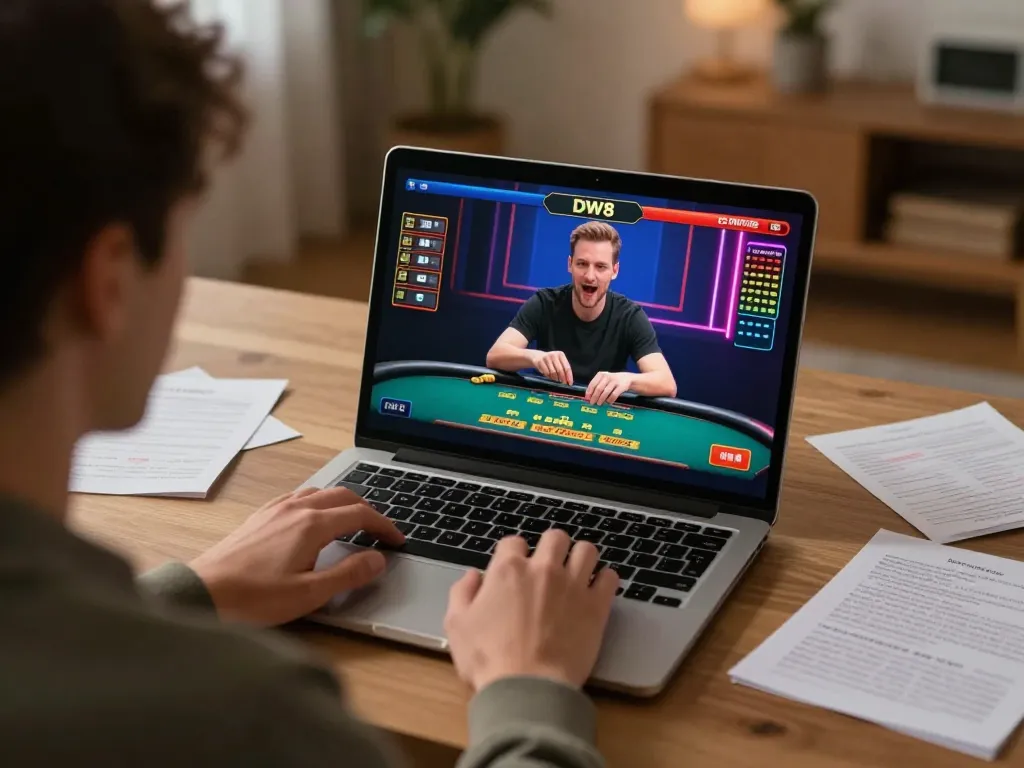 Engaged player enjoying DW8 with a live dealer setup on their laptop, showcasing strategic online gaming.