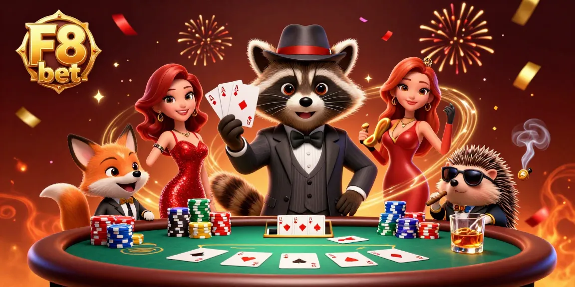 Engage in thrilling poker with F8 bet as suave characters and dazzling elements create excitement.