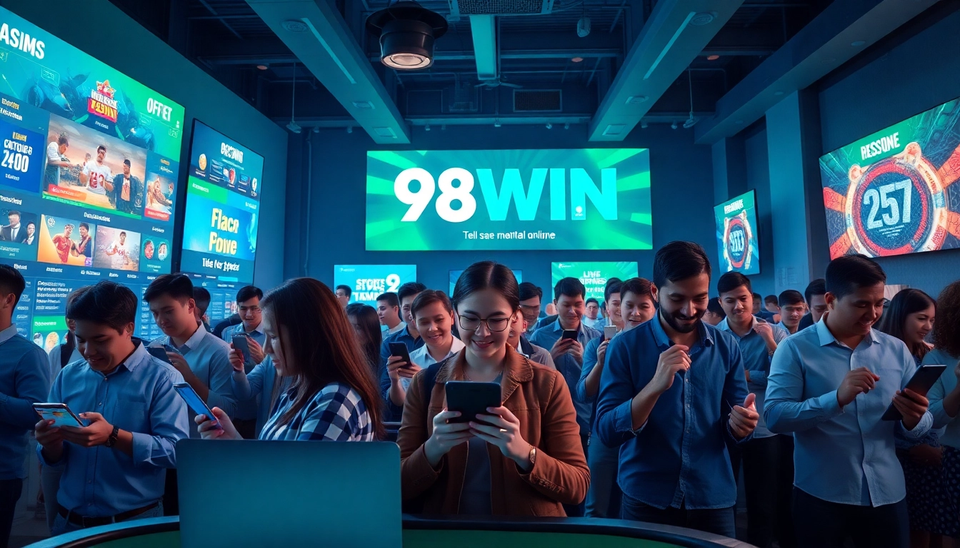 Excited users engaging with 98WIN's dynamic online betting platform, showcasing sports and casino games.