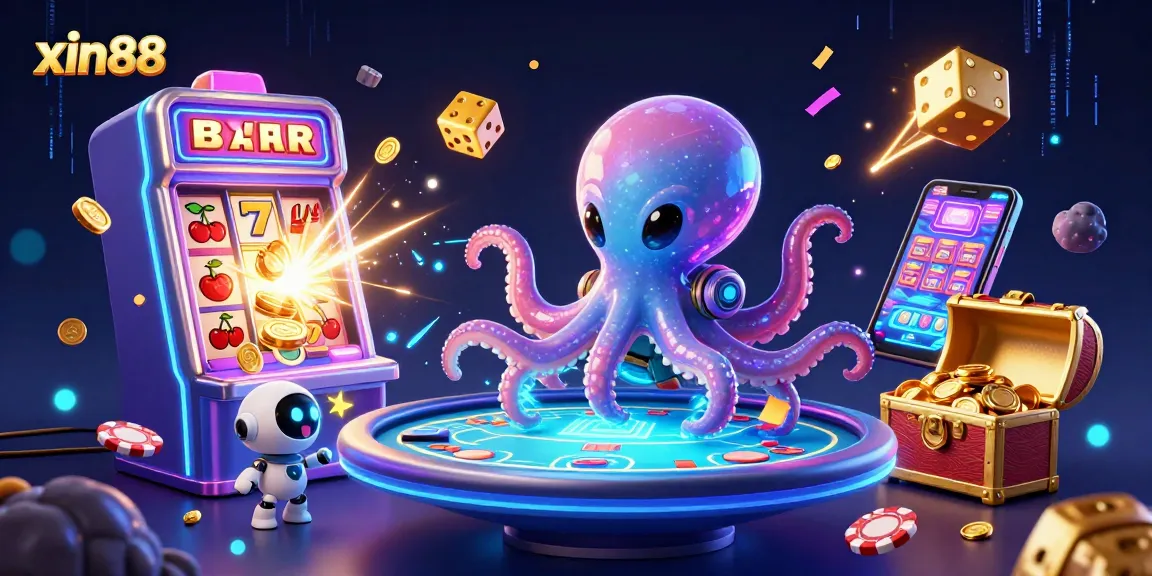 Experience excitement at xin88 with a vibrant alien octopus running a holographic poker table, surrounded by casino elements.