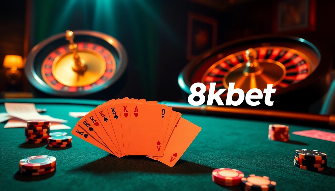 Experience the thrill of gambling at 8kbet with vibrant poker chips and dynamic casino elements.