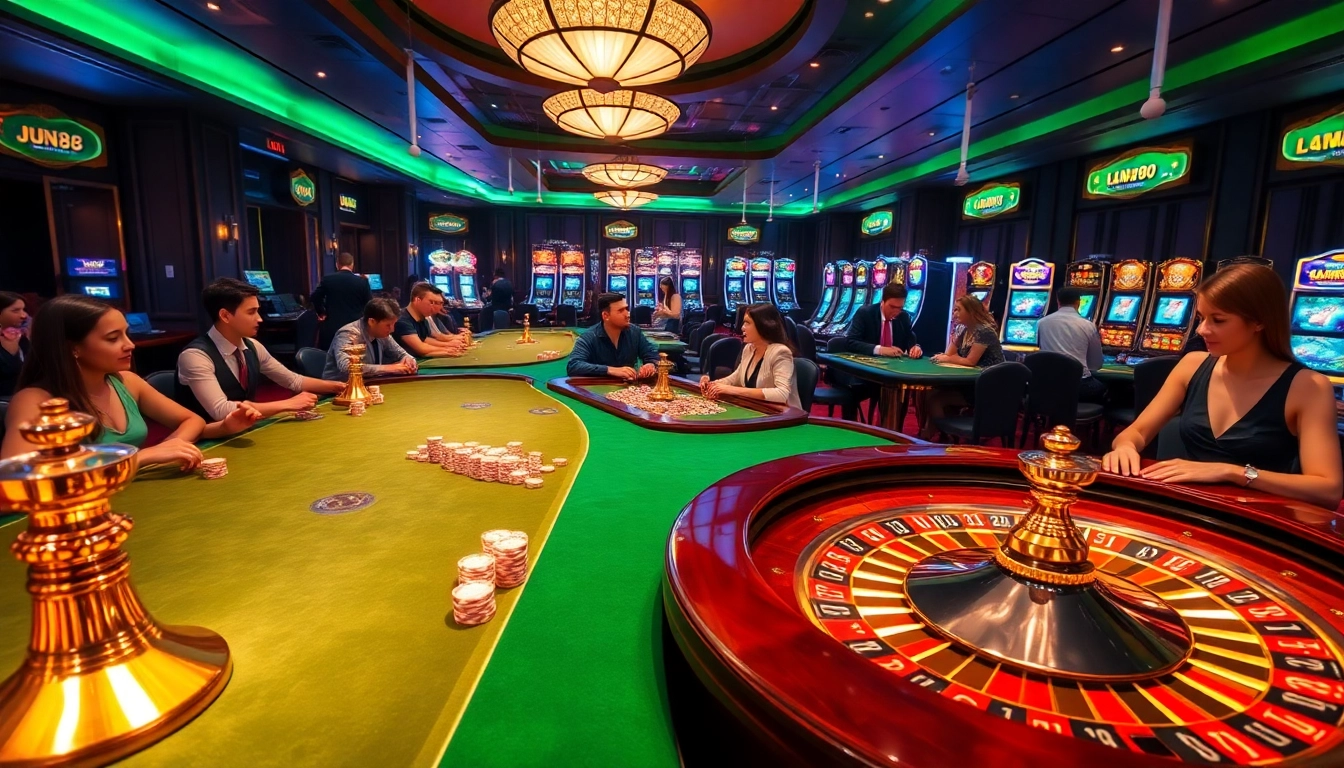 Players engaging in thrilling games at Jun88's luxurious casino environment filled with vibrant gaming elements.