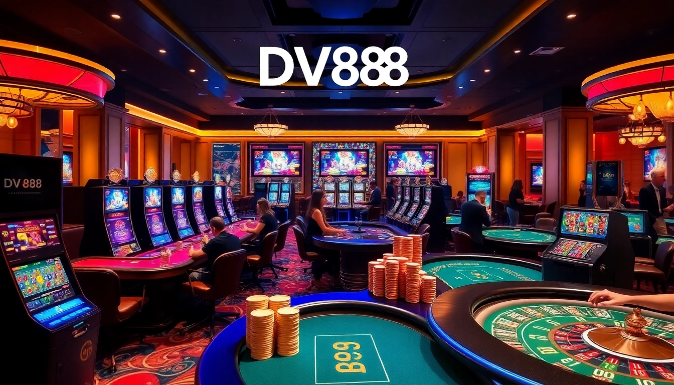 Players enjoying a thrilling game night at DV88 with vibrant casino elements.