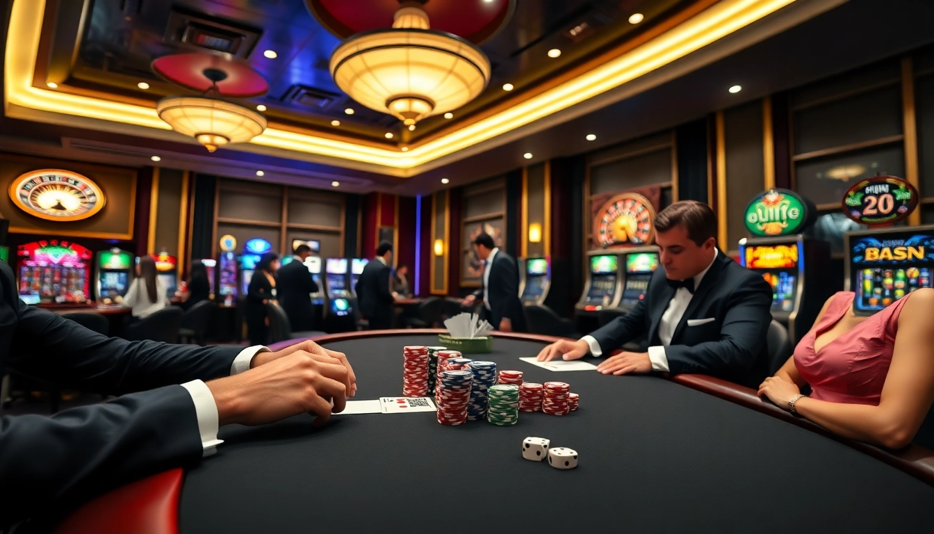 Experience the luxury of 58WIN as gamblers engage in high-stakes poker amidst vibrant casino visuals.