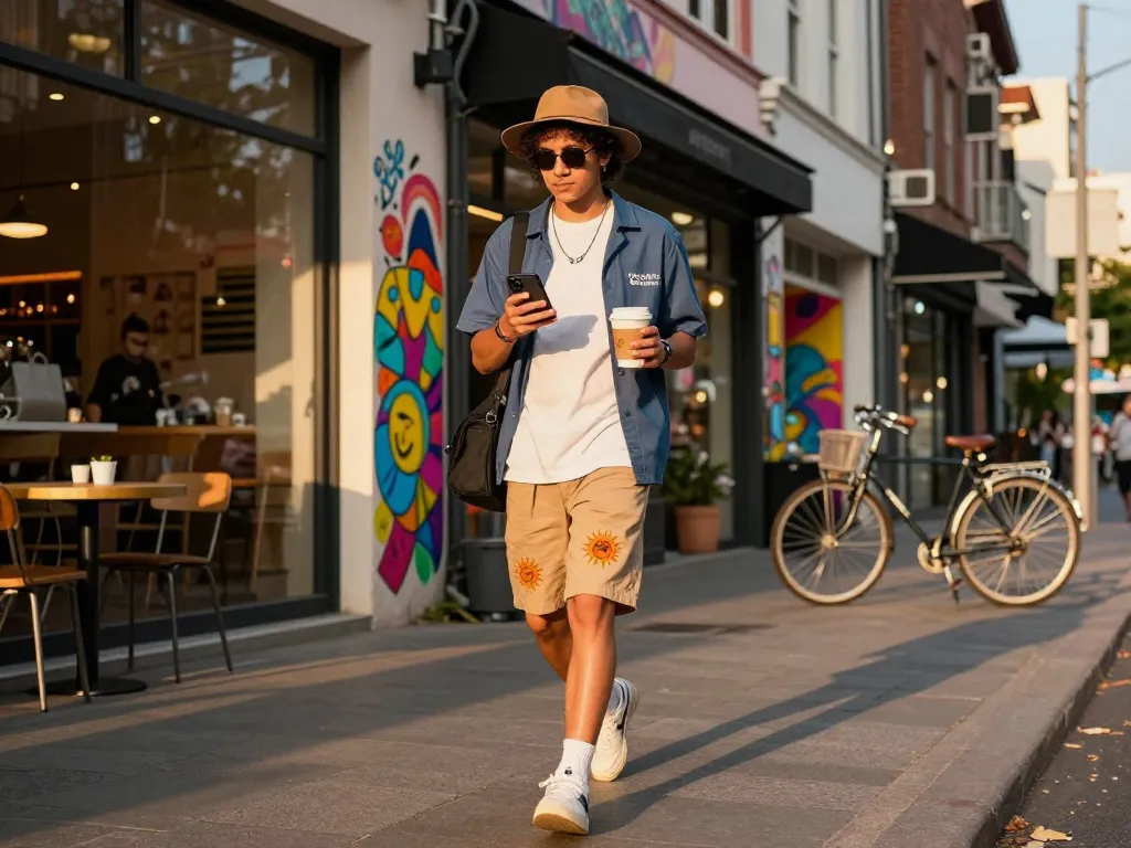Stylish individual showcasing sunwin fashion in an urban setting with vibrant street art.