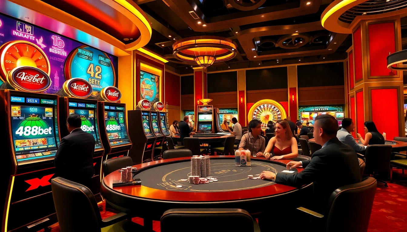 Una escena de juego emocionante en 488bet que muestra tragamonedas vibrantes, juegos de póker y la emoción de la ruleta.
