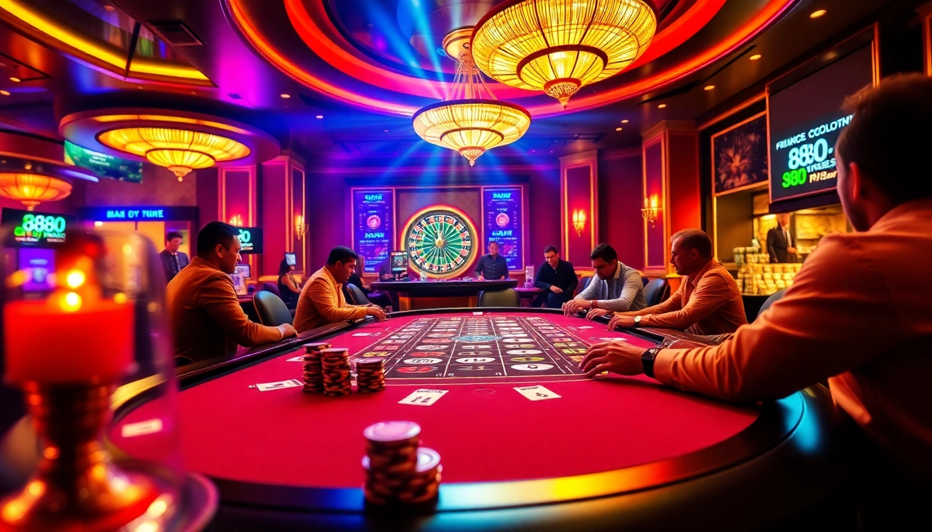 Excited players placing bets at a luxurious casino poker table while showcasing the 888vnd currency.
