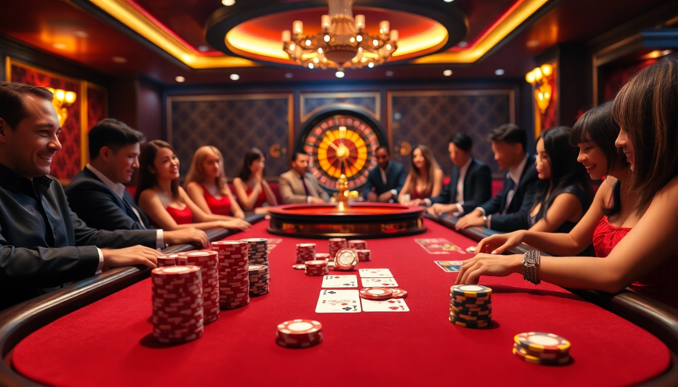 Engage in thrilling casino gaming action at Nhà cái 8DAY with luxurious tables and vibrant poker chips.