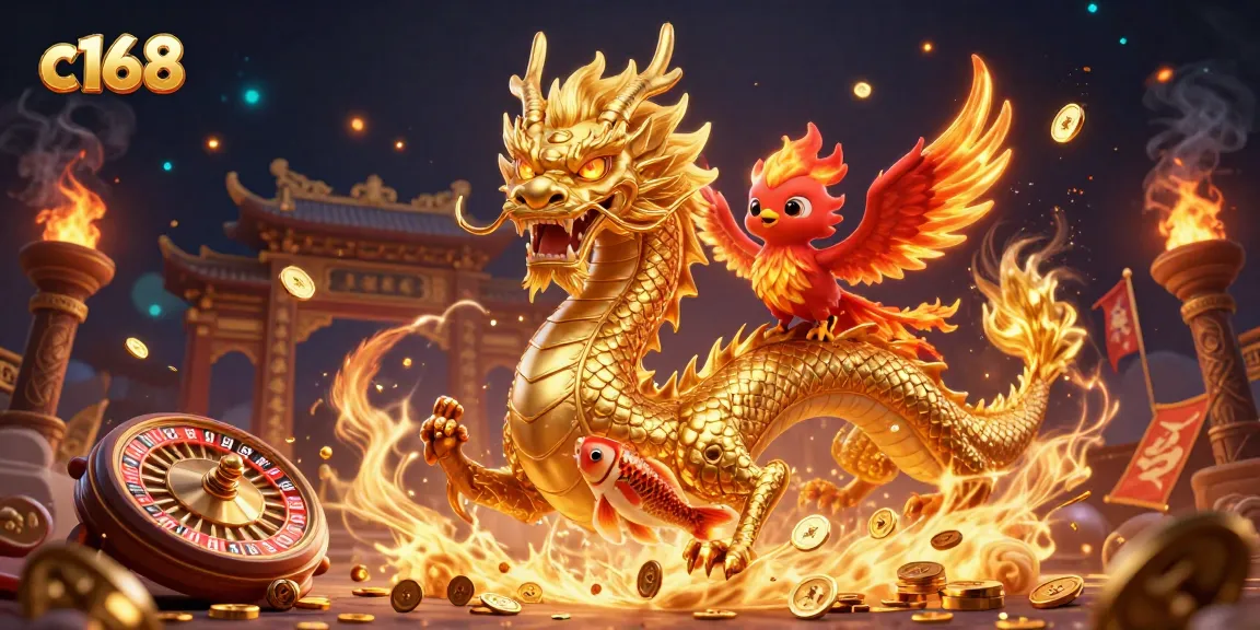 Spin the c168 roulette wheel surrounded by dazzling dragons and golden coins in a vibrant casino scene.