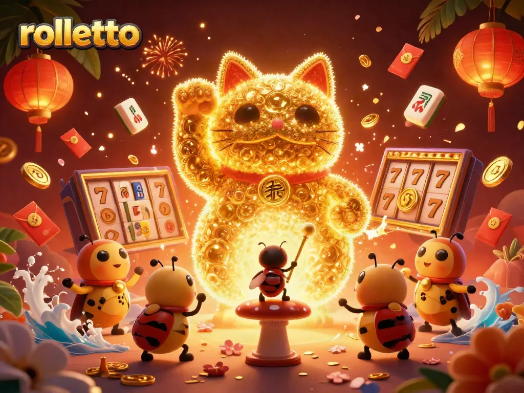 Experience rolletto with a giant lucky cat, casino symbols, and dynamic festive elements.