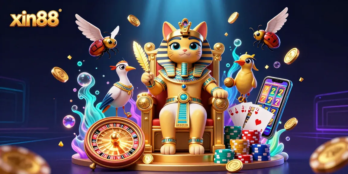 Spin to win with xin88's captivating casino scene featuring sparkling gems and royal flush cards.