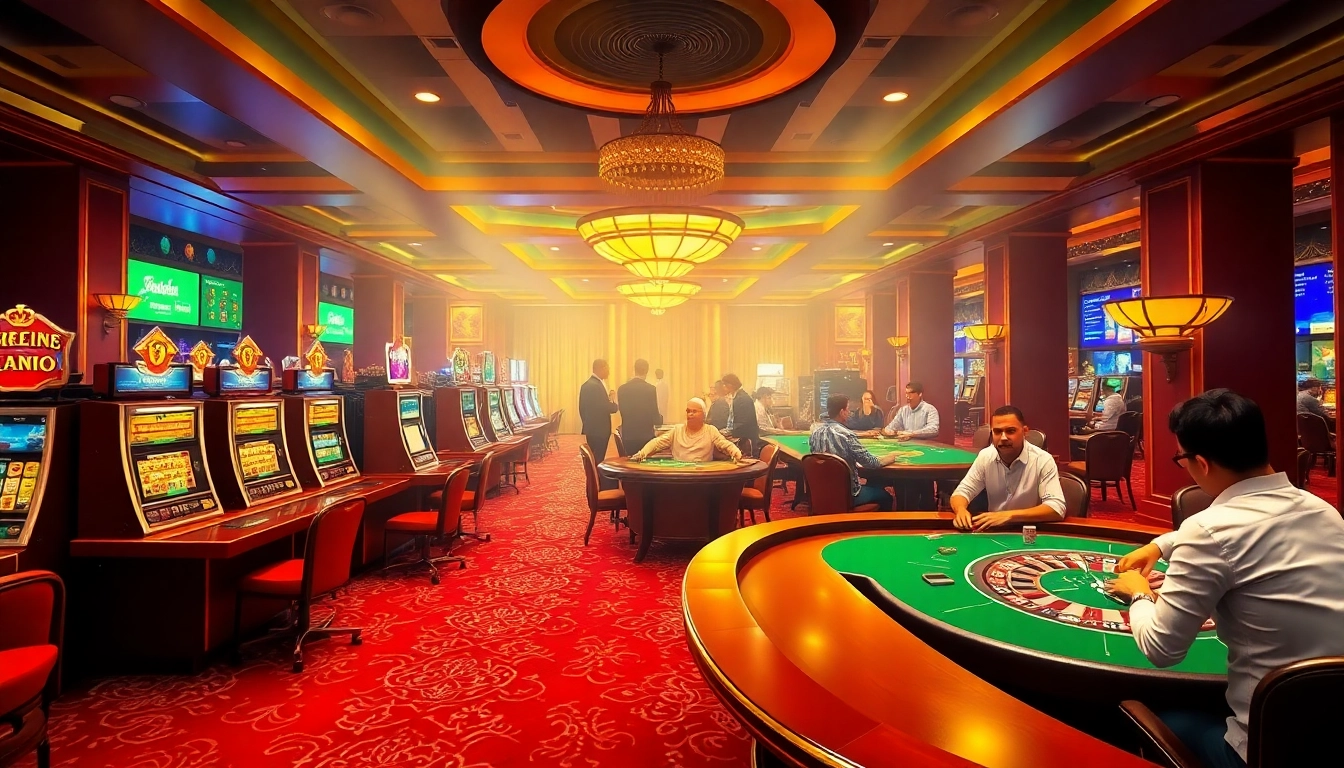 Experience the thrill of betting at 98win com with a vibrant casino scene featuring luxurious tables and slot machines.