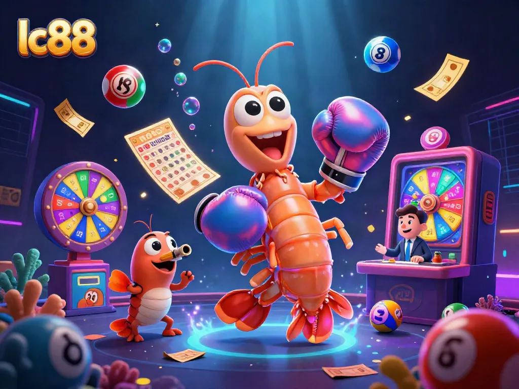 Experience the excitement of lc88's dynamic casino scene with colorful lottery elements and lively characters.