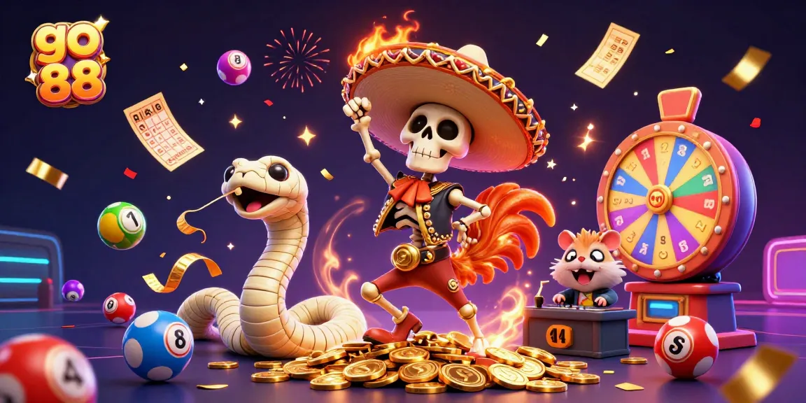 Join the fun at go 88 with a dynamic victory scene featuring colorful lottery elements and a vibrant casino atmosphere.