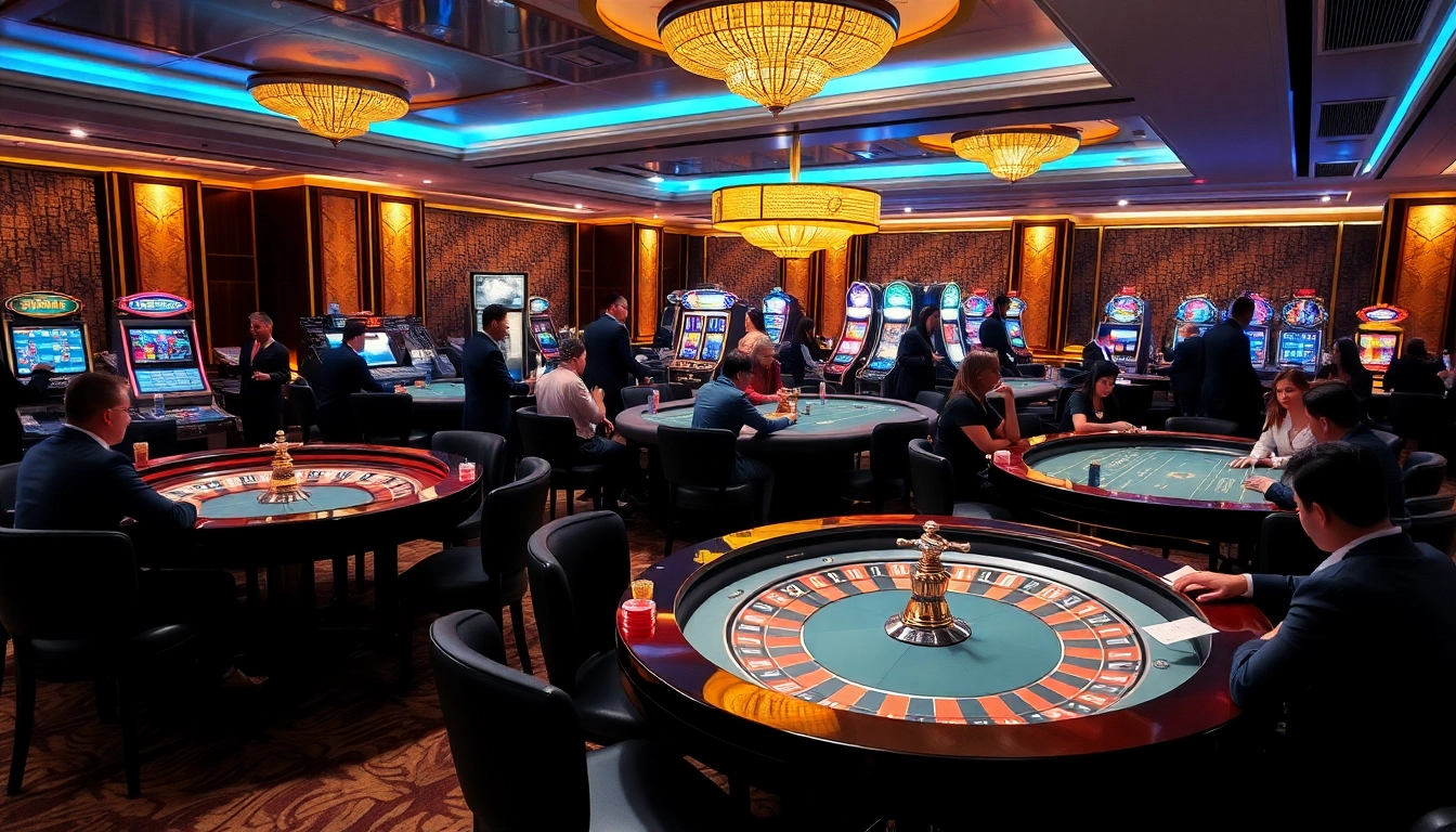 Experience the excitement of Nhà cái uy tín QQ88 in a vibrant casino scene with sleek gaming tables.