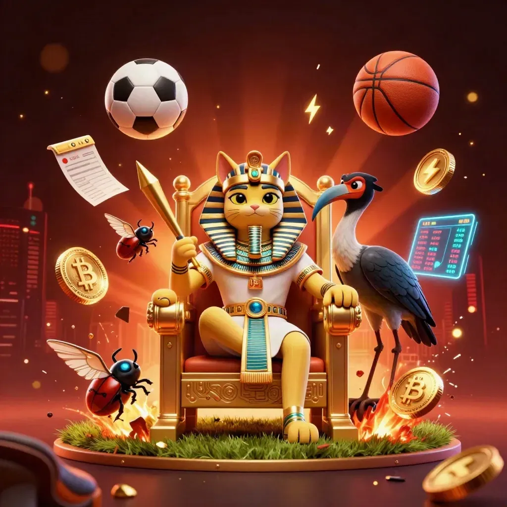 Pharaoh cat, ibis scribe, and gem-wing scarabs amid sports balls and neon casino effects