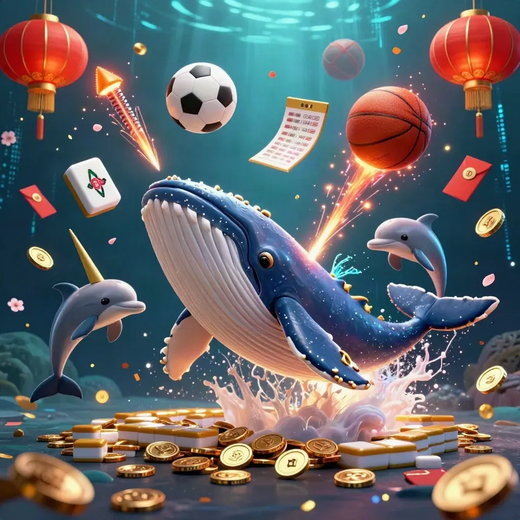 Captain whale, narwhal and dolphins burst through coins with sports balls and casino icons underwater.