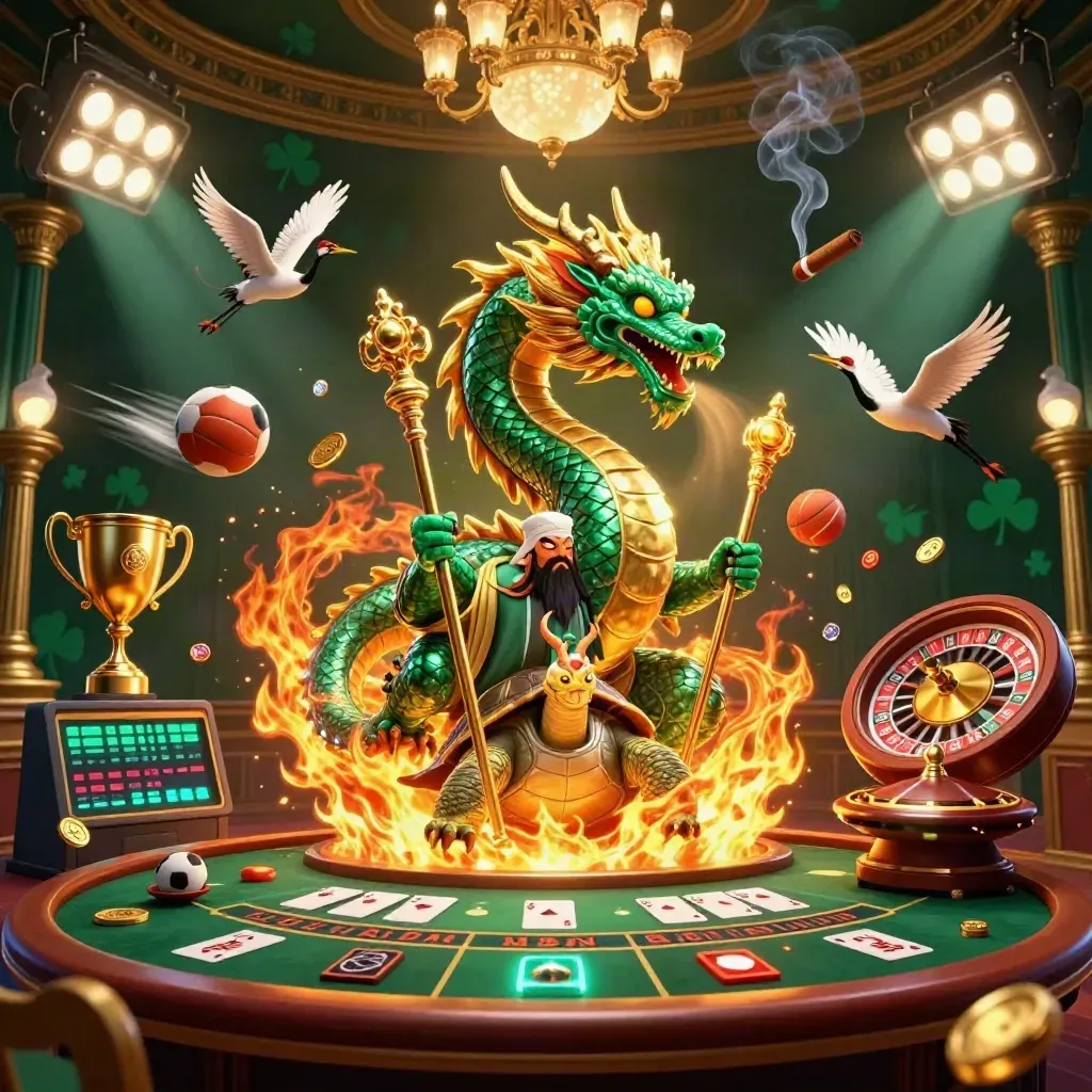 Dragon, turtle sage, and cranes in a glowing casino room with sports balls and gold light.