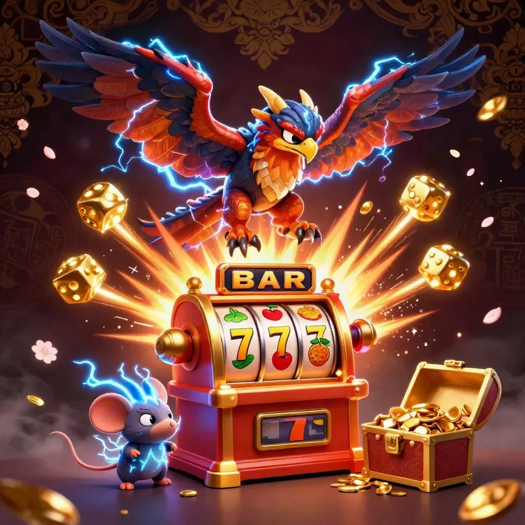Thunder dragon, wind hawk, and thunder-mouse amid exploding casino treasure and slot symbols.