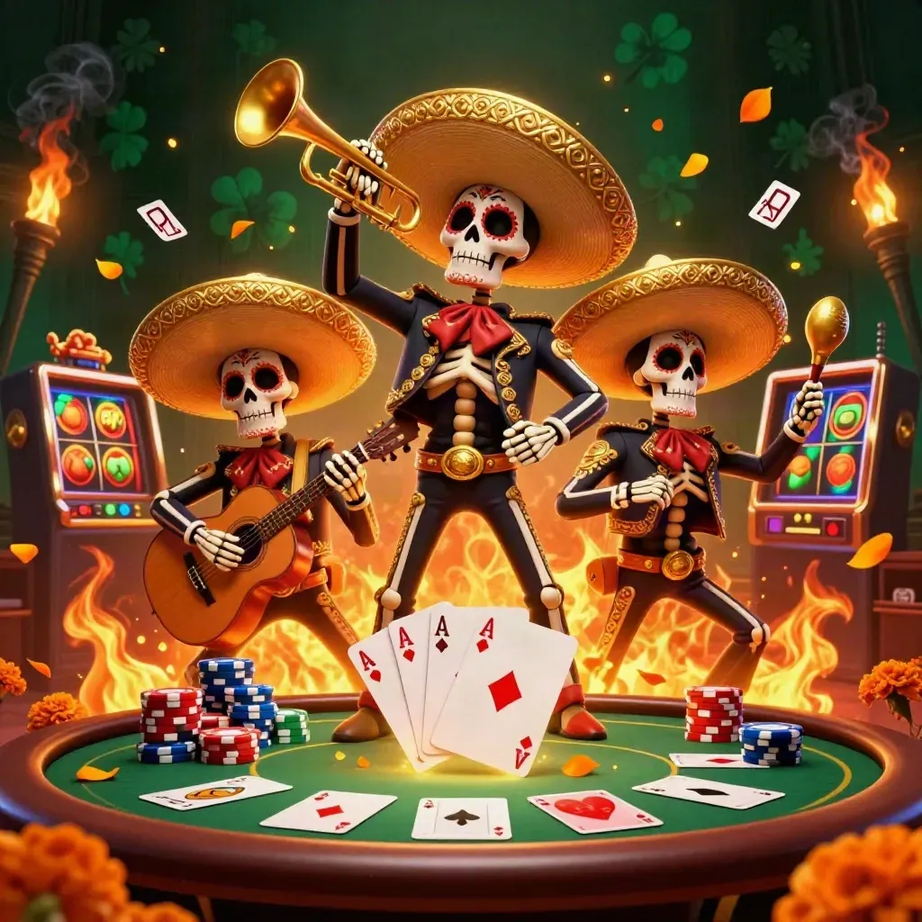 3D skeleton mariachi trio with poker chips, cards, and fiery casino glow on dark emerald backdrop