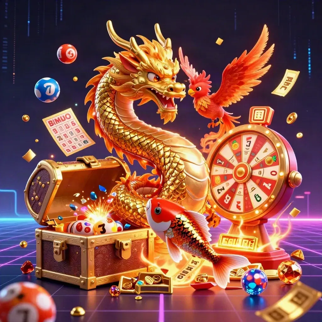 Golden dragon, phoenix, and koi amid casino loot, neon streaks, and dark futuristic glow.
