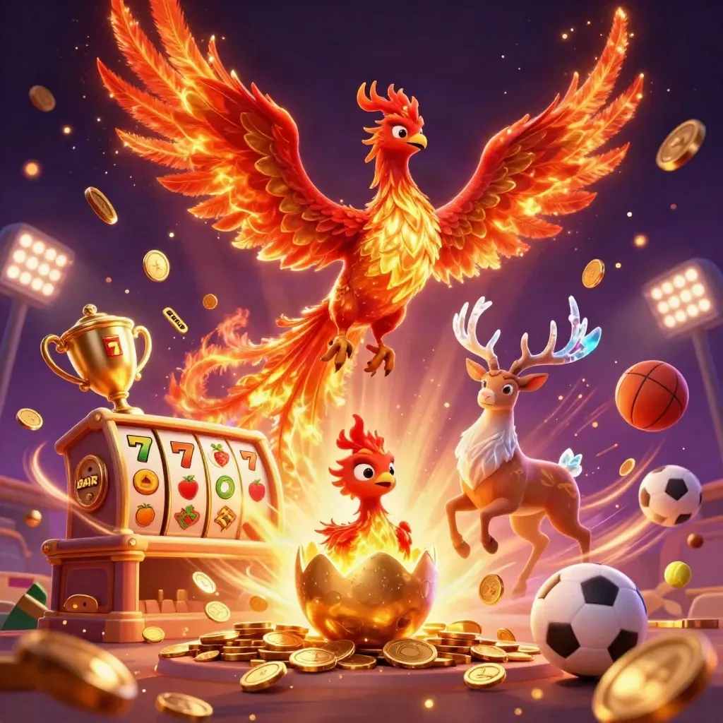 Phoenix, hatching egg, and crystal stag amid bursting coins, sports balls, and casino glow.