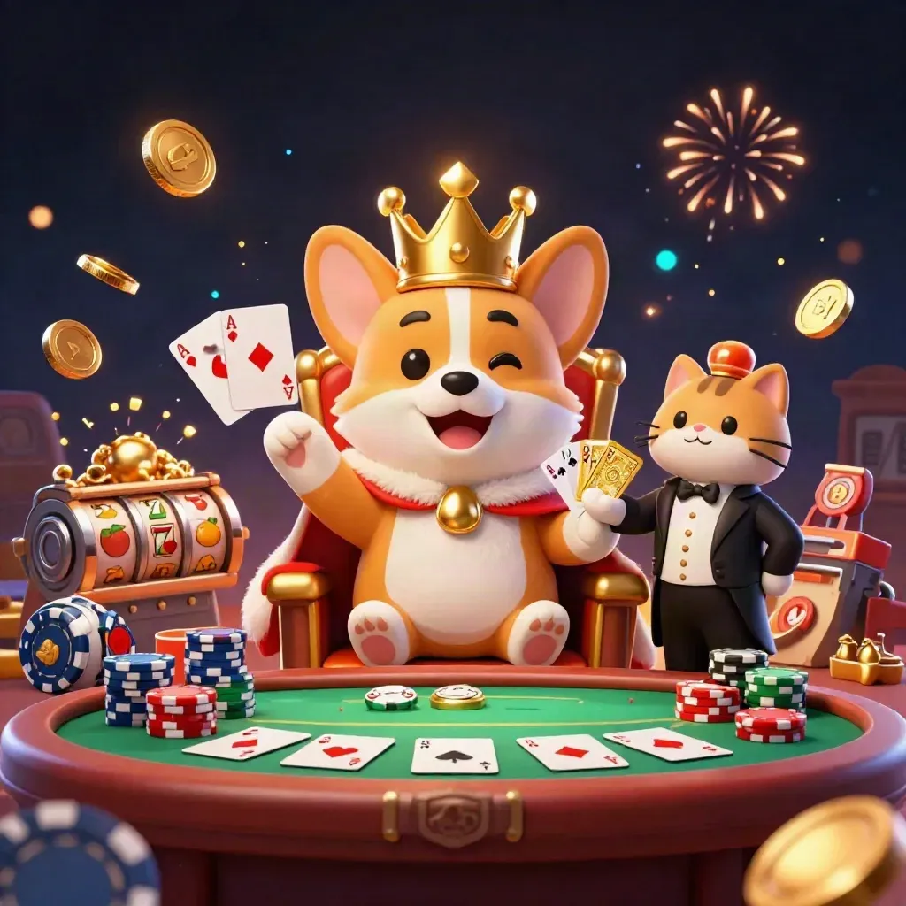 Royal corgi and cat butler amid exploding casino loot, chips, cards, and glowing slot symbols