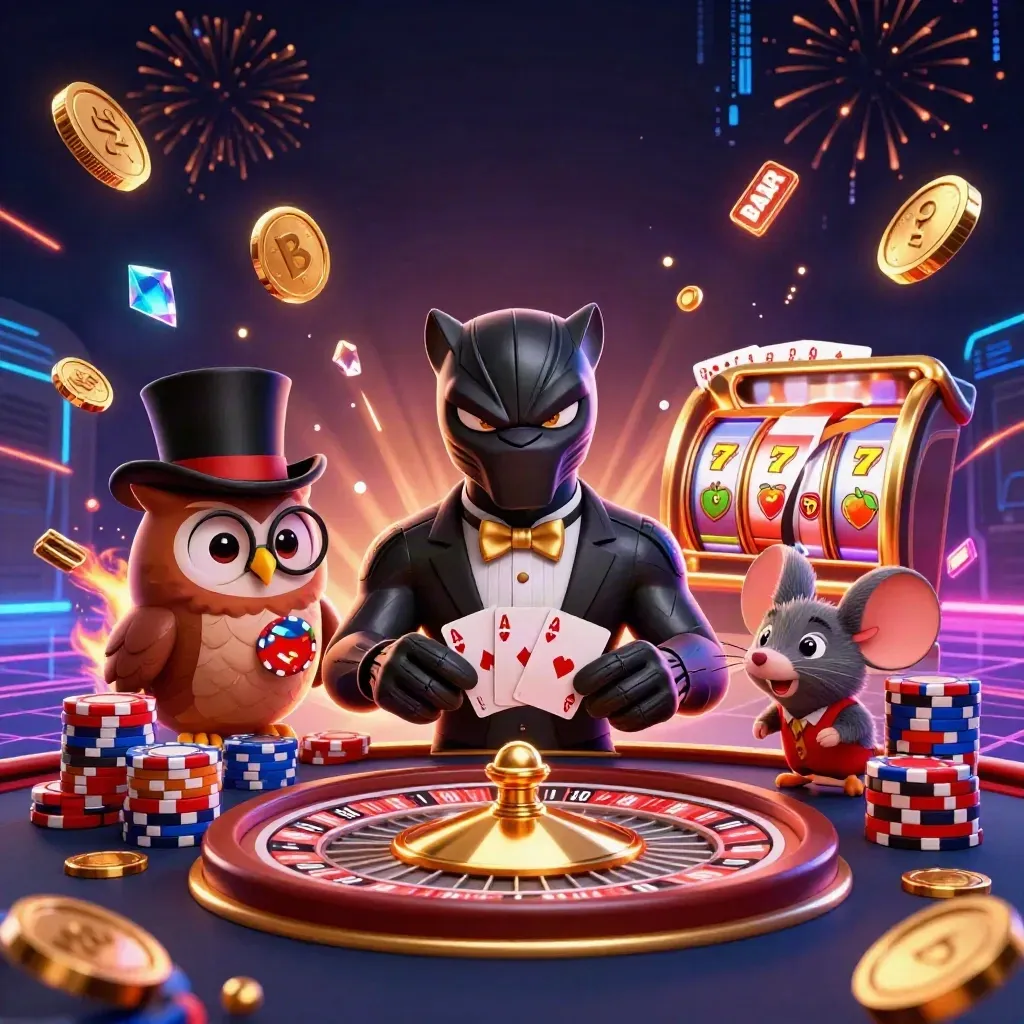Panther dealer, owl with chips, and mouse amid exploding coins, gems, reels, and fireworks