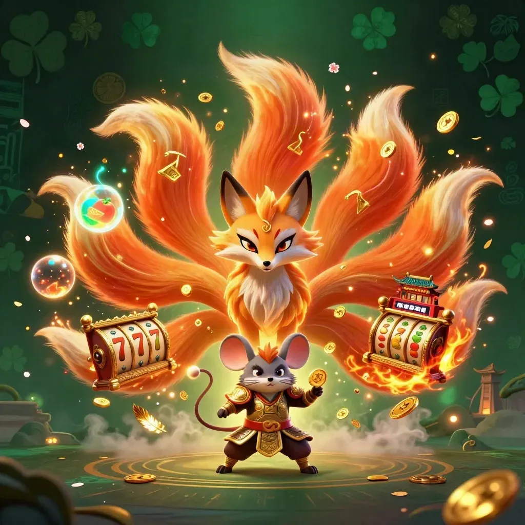 Neon nine-tailed fox spirit and armored samurai mouse amid casino magic, reels, coins, and temple glow