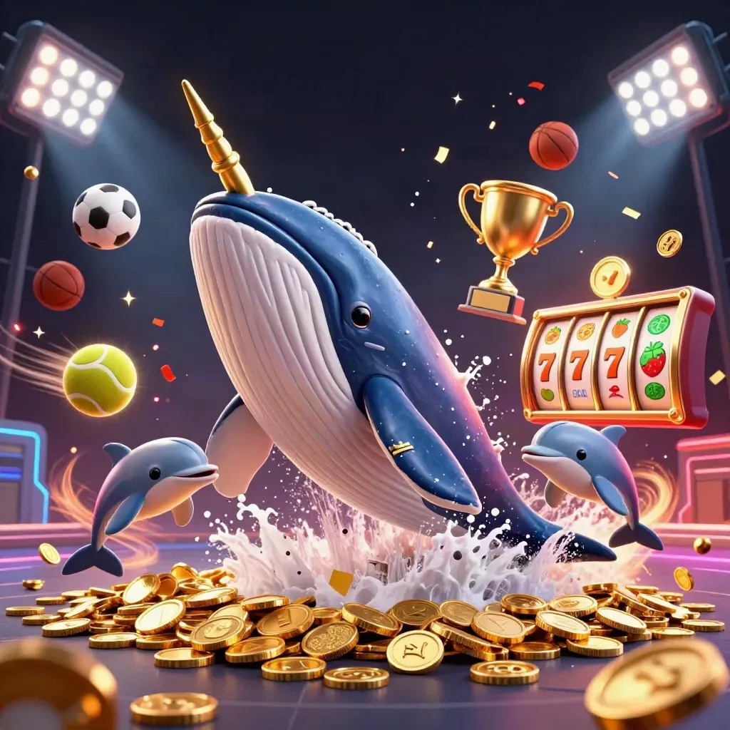 Captain whale, narwhal and dolphins surge through coins, sports balls and casino effects.
